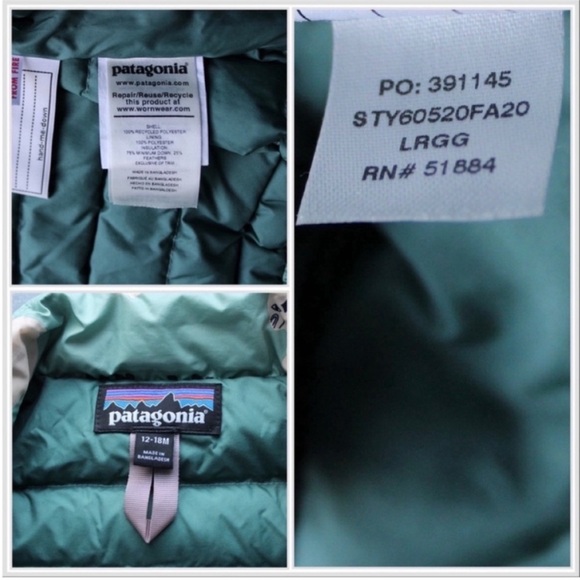 Patagonia Down Sweater Jacket in Gypsum Green Blue White Buffalo 12-18 months - Picture 9 of 11